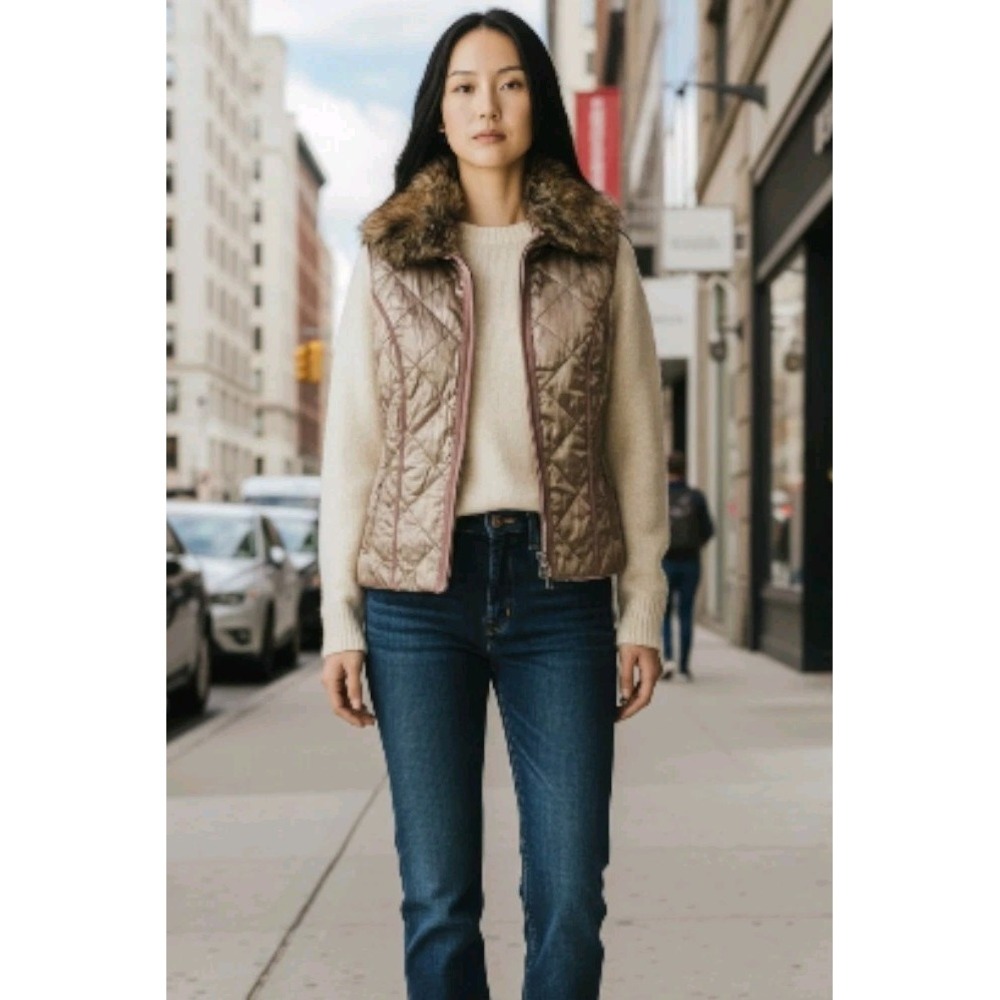 Chico's Women's Vest‎ Jacket Size 1 (US M/8) Nylon Blend Zip Up Faux Fur Trim